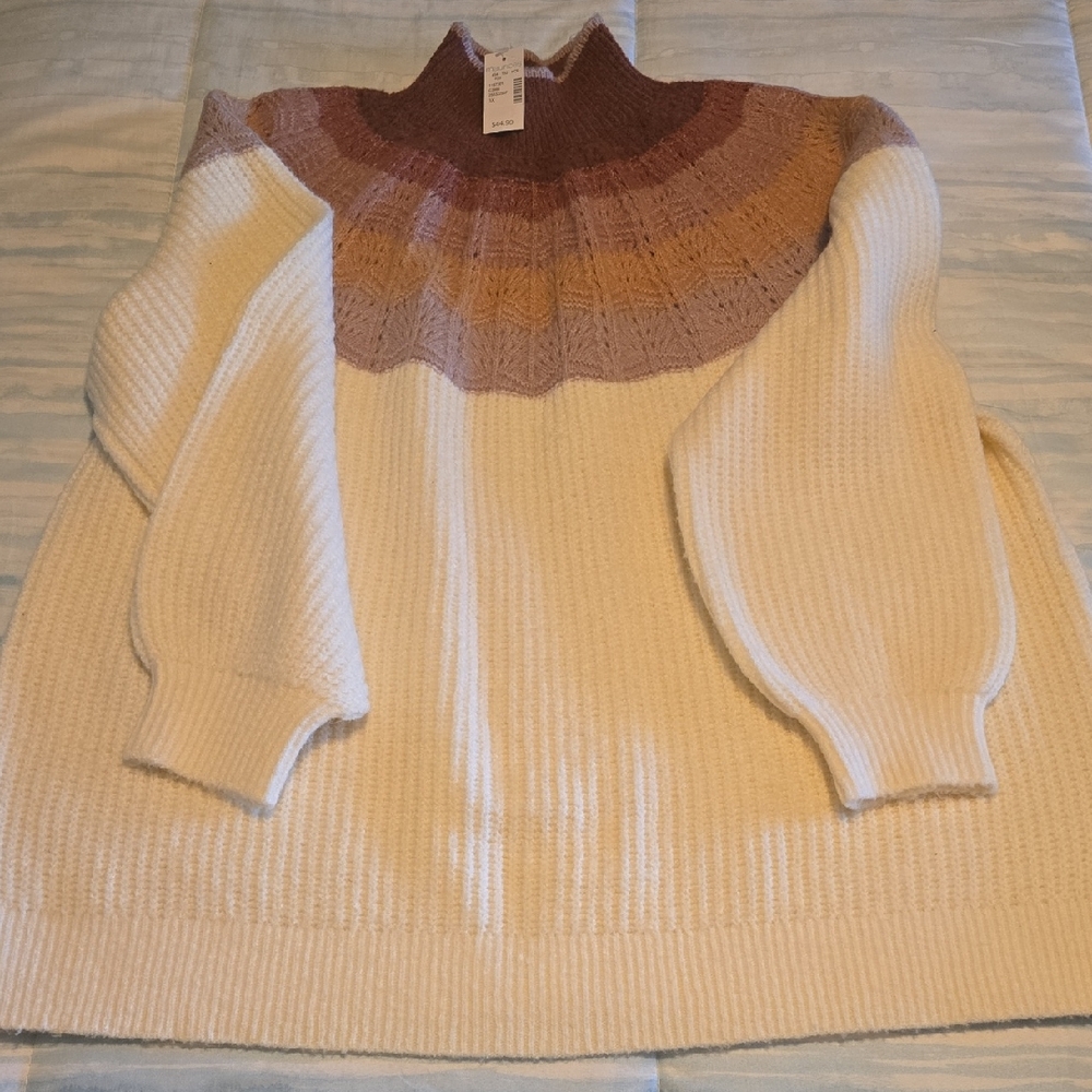 Elegant Cream and Brown Turtleneck Sweater
